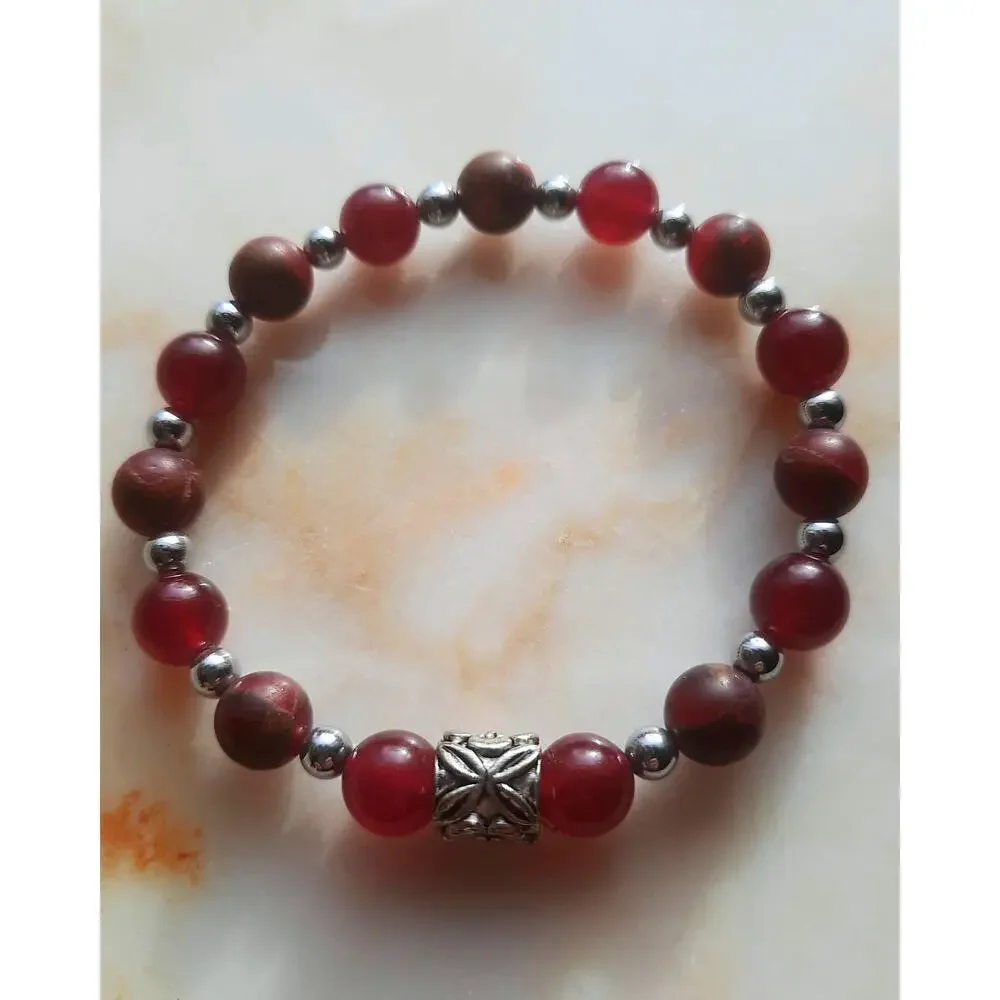 Artisan Apple Jasper Bracelet Natural Beaded Stretch Tibetan Silver Spacer NEW